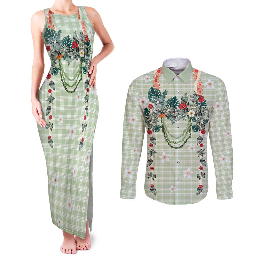 Sage Green Hawaiian Palaka Couples Matching Tank Maxi Dress and Long Sleeve Button Shirt Kukui Nut Money Lei - Polynesian Pride