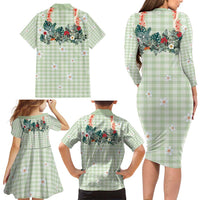 Sage Green Hawaiian Palaka Family Matching Long Sleeve Bodycon Dress and Hawaiian Shirt Kukui Nut Money Lei - Polynesian Pride