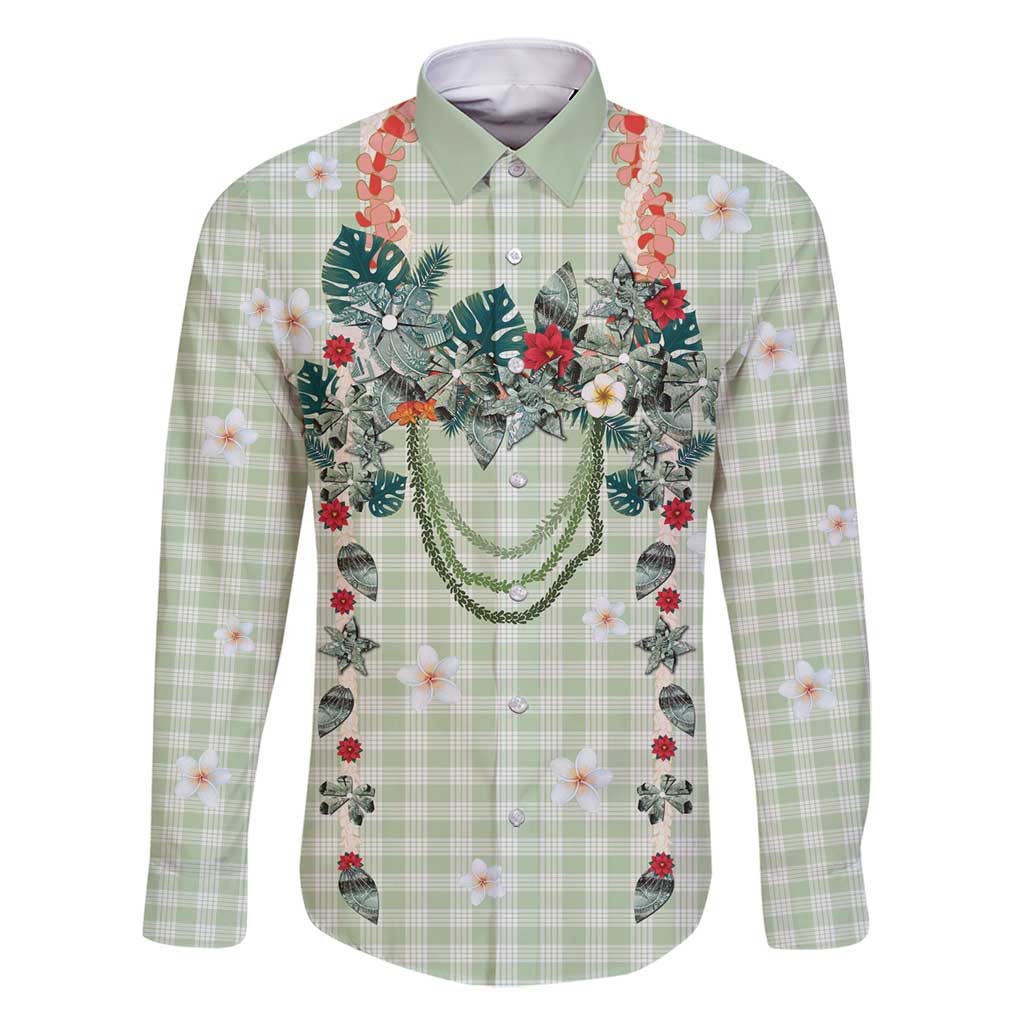 Sage Green Hawaiian Palaka Family Matching Long Sleeve Bodycon Dress and Hawaiian Shirt Kukui Nut Money Lei - Polynesian Pride