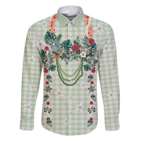 Sage Green Hawaiian Palaka Family Matching Long Sleeve Bodycon Dress and Hawaiian Shirt Kukui Nut Money Lei - Polynesian Pride