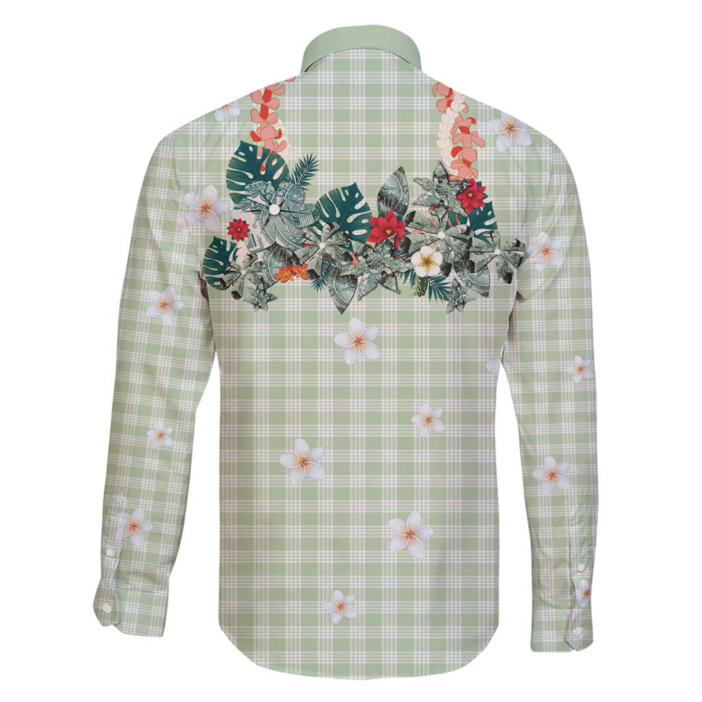 Sage Green Hawaiian Palaka Family Matching Long Sleeve Bodycon Dress and Hawaiian Shirt Kukui Nut Money Lei - Polynesian Pride