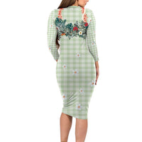 Sage Green Hawaiian Palaka Family Matching Long Sleeve Bodycon Dress and Hawaiian Shirt Kukui Nut Money Lei - Polynesian Pride