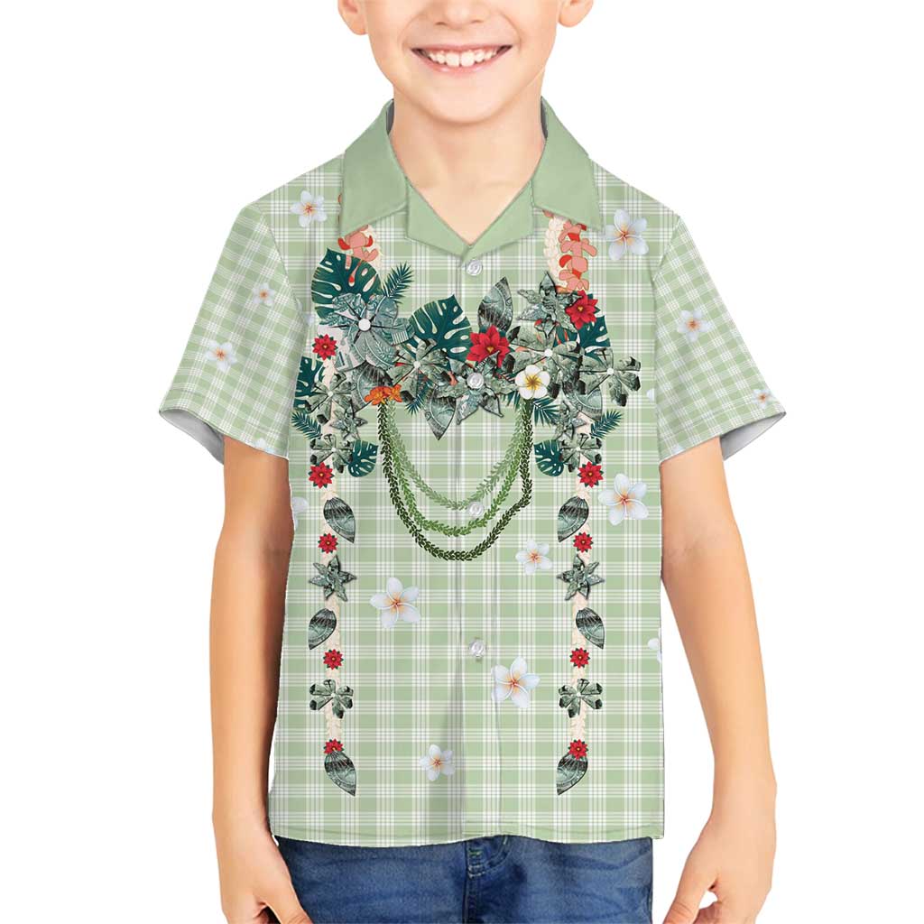 Sage Green Hawaiian Palaka Family Matching Long Sleeve Bodycon Dress and Hawaiian Shirt Kukui Nut Money Lei - Polynesian Pride