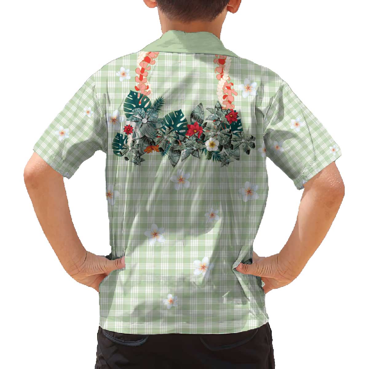 Sage Green Hawaiian Palaka Family Matching Off The Shoulder Long Sleeve Dress and Hawaiian Shirt Kukui Nut Money Lei - Polynesian Pride