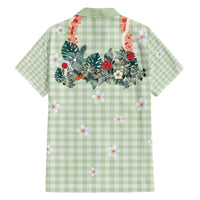 Sage Green Hawaiian Palaka Family Matching Off The Shoulder Long Sleeve Dress and Hawaiian Shirt Kukui Nut Money Lei - Polynesian Pride