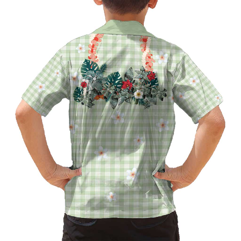 Sage Green Hawaiian Palaka Family Matching Off Shoulder Maxi Dress and Hawaiian Shirt Kukui Nut Money Lei - Polynesian Pride