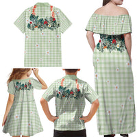 Sage Green Hawaiian Palaka Family Matching Off Shoulder Maxi Dress and Hawaiian Shirt Kukui Nut Money Lei - Polynesian Pride