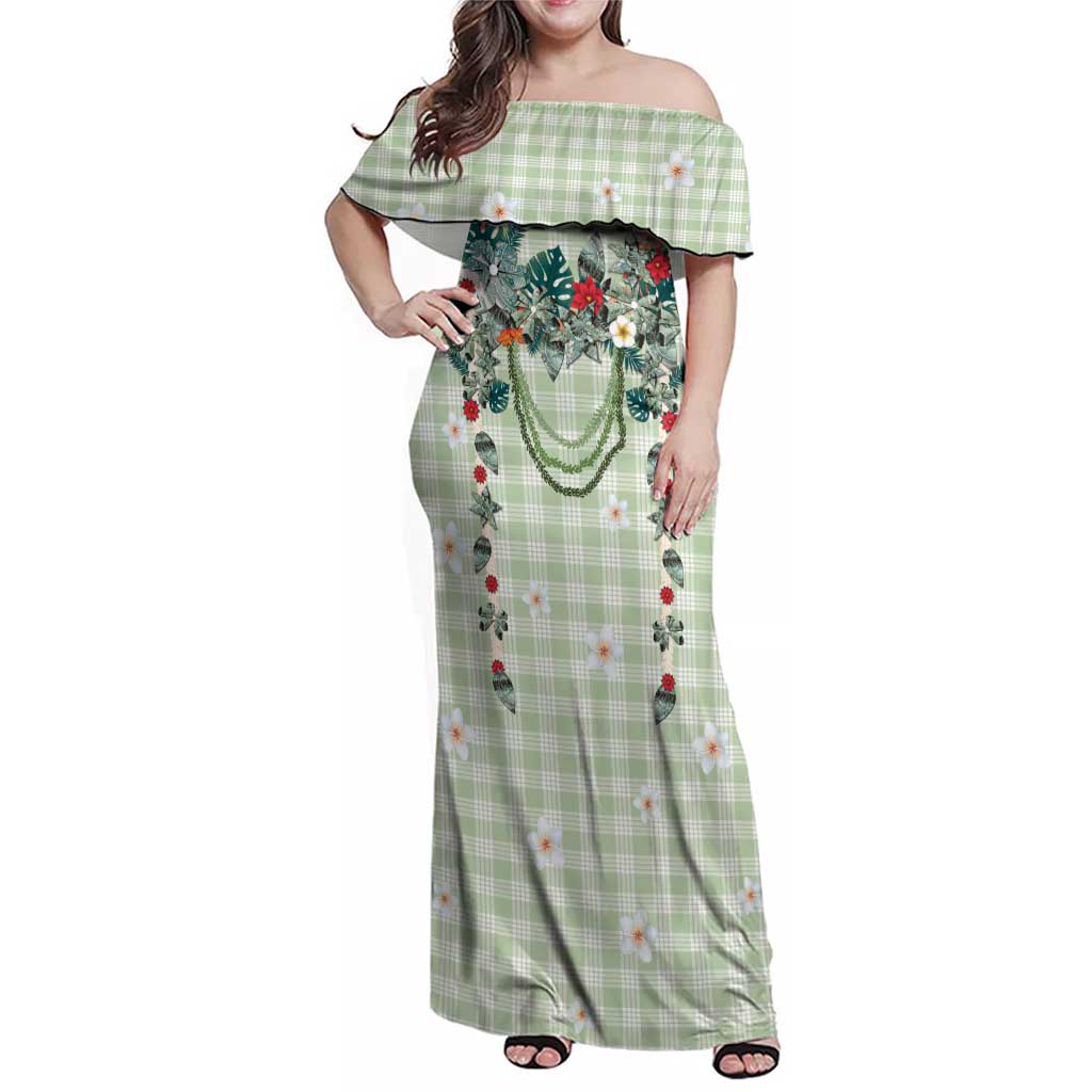 Sage Green Hawaiian Palaka Family Matching Off Shoulder Maxi Dress and Hawaiian Shirt Kukui Nut Money Lei - Polynesian Pride