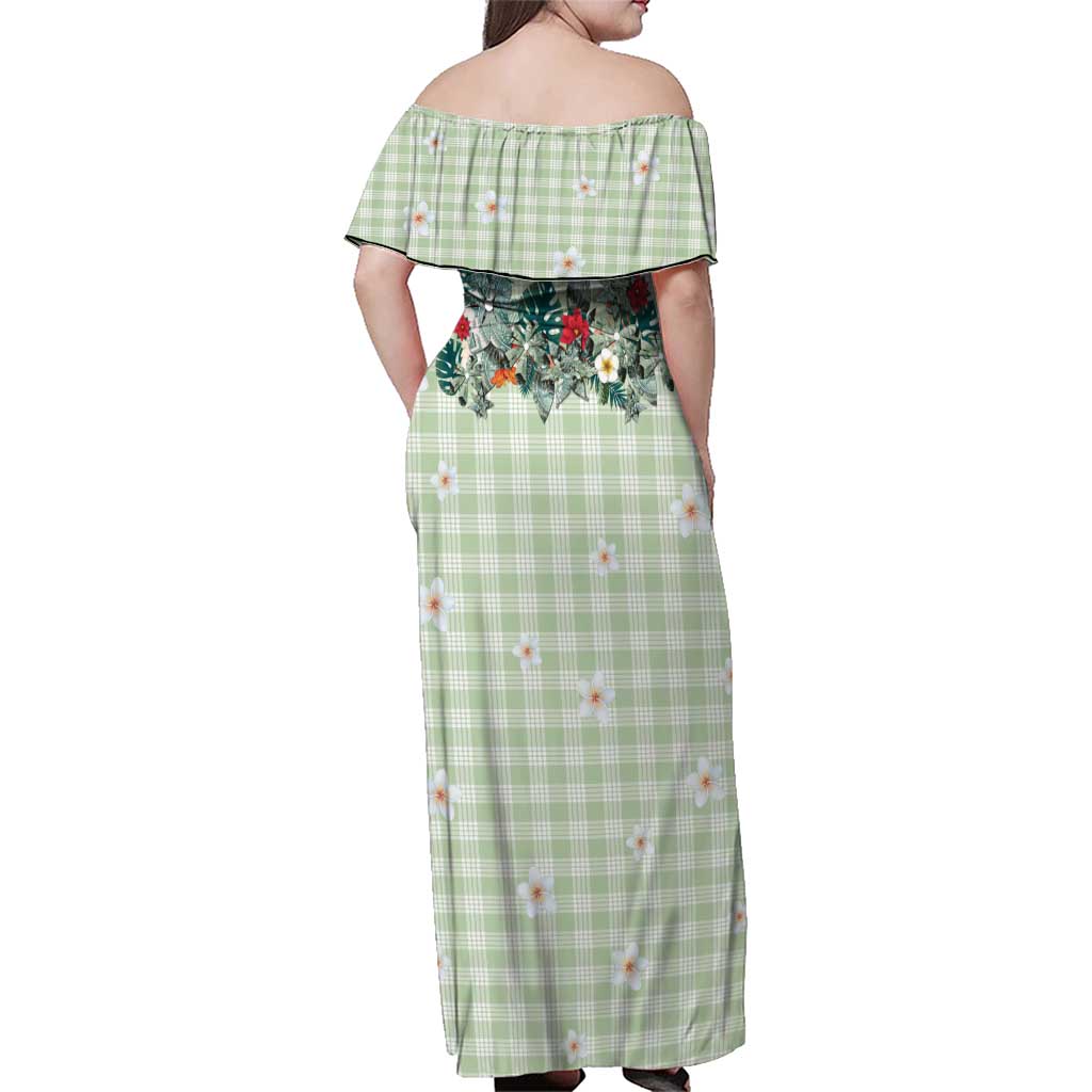 Sage Green Hawaiian Palaka Family Matching Off Shoulder Maxi Dress and Hawaiian Shirt Kukui Nut Money Lei - Polynesian Pride