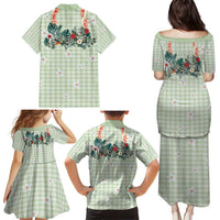 Sage Green Hawaiian Palaka Family Matching Puletasi and Hawaiian Shirt Kukui Nut Money Lei - Polynesian Pride