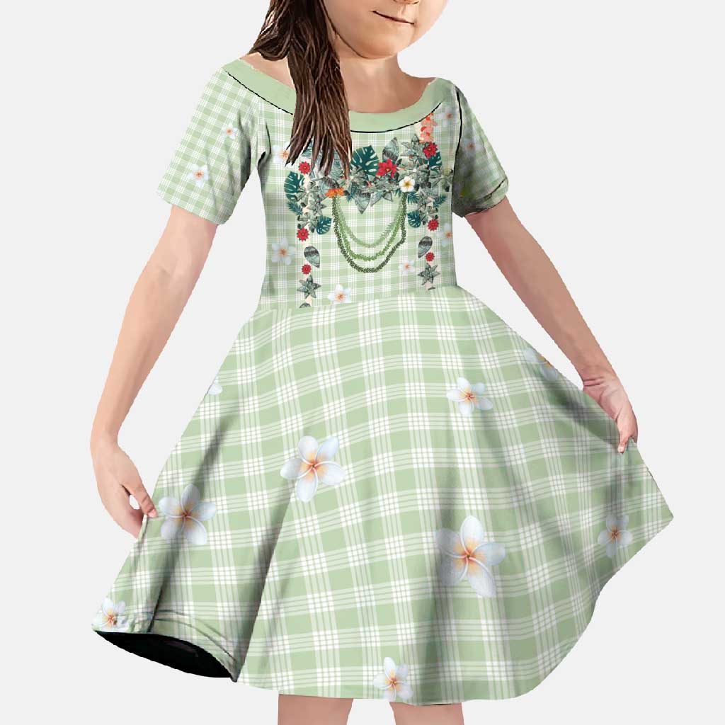 Sage Green Hawaiian Palaka Family Matching Short Sleeve Bodycon Dress and Hawaiian Shirt Kukui Nut Money Lei - Polynesian Pride