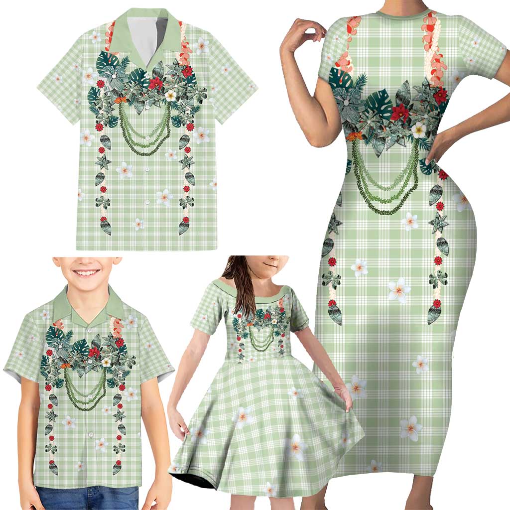 Sage Green Hawaiian Palaka Family Matching Short Sleeve Bodycon Dress and Hawaiian Shirt Kukui Nut Money Lei - Polynesian Pride