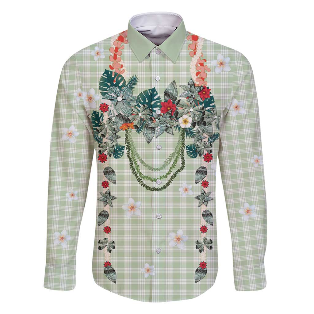 Sage Green Hawaiian Palaka Family Matching Short Sleeve Bodycon Dress and Hawaiian Shirt Kukui Nut Money Lei - Polynesian Pride