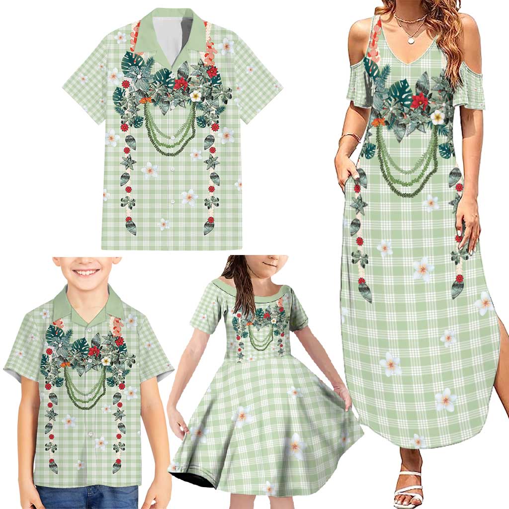 Sage Green Hawaiian Palaka Family Matching Summer Maxi Dress and Hawaiian Shirt Kukui Nut Money Lei - Polynesian Pride