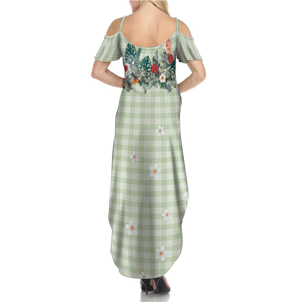 Sage Green Hawaiian Palaka Family Matching Summer Maxi Dress and Hawaiian Shirt Kukui Nut Money Lei - Polynesian Pride