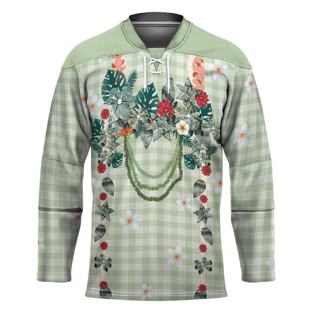 Sage Green Hawaiian Palaka Hockey Jersey Kukui Nut Money Lei - Polynesian Pride