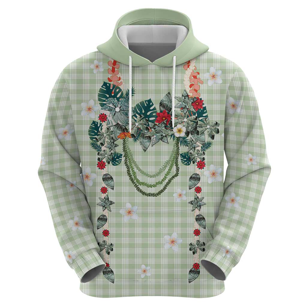 Sage Green Hawaiian Palaka Hoodie Kukui Nut Money Lei - Polynesian Pride