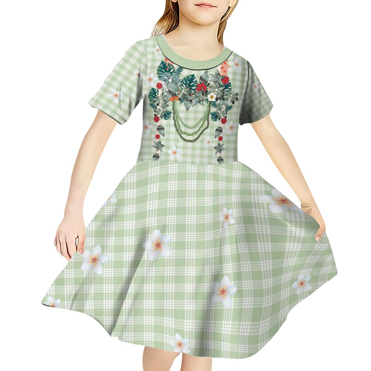 Sage Green Hawaiian Palaka Kid Short Sleeve Dress Kukui Nut Money Lei - Polynesian Pride