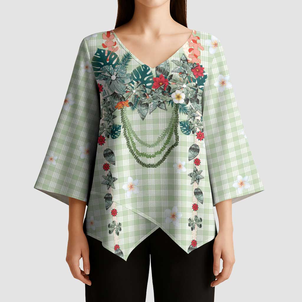 Sage Green Hawaiian Palaka Kimono Sleeve Blouse Kukui Nut Money Lei - Polynesian Pride