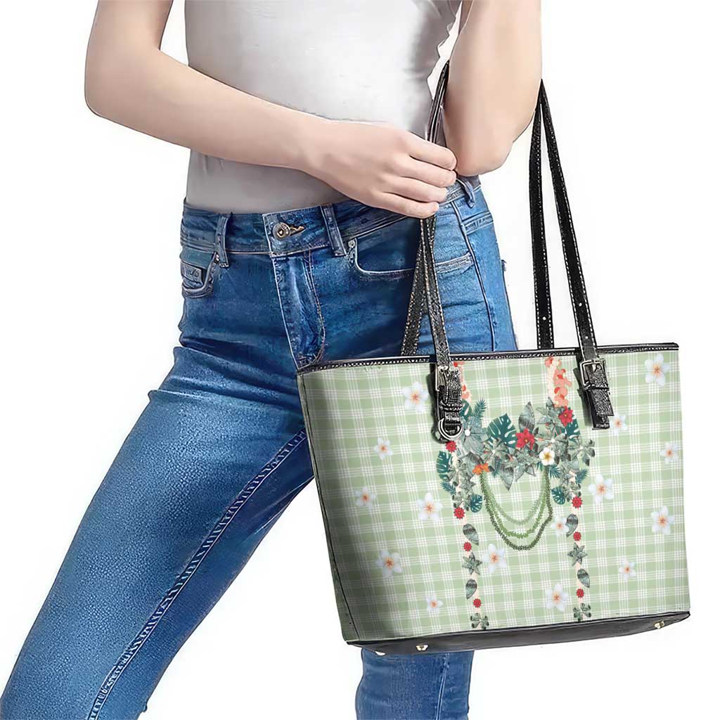 Sage Green Hawaiian Palaka Leather Tote Bag Kukui Nut Money Lei - Polynesian Pride