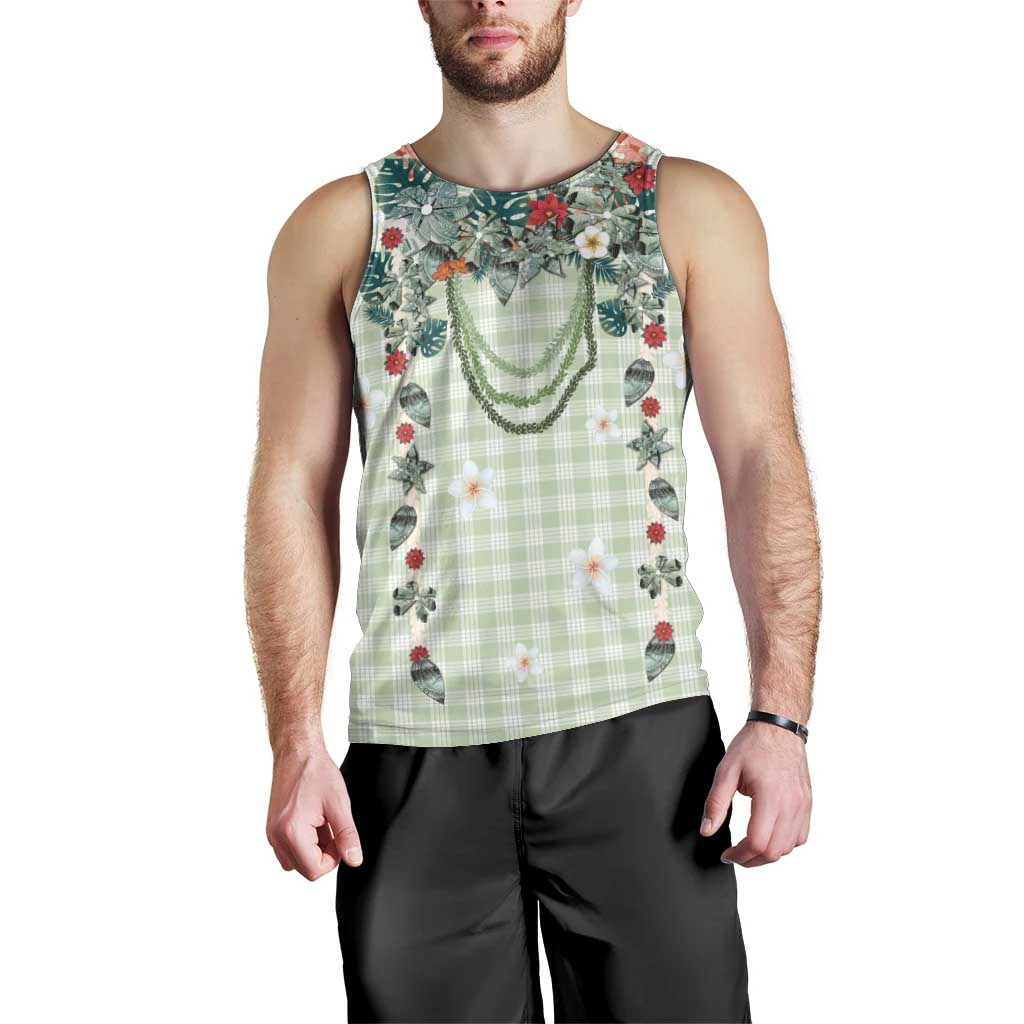 Sage Green Hawaiian Palaka Men Tank Top Kukui Nut Money Lei - Polynesian Pride