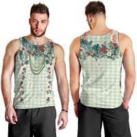 Sage Green Hawaiian Palaka Men Tank Top Kukui Nut Money Lei - Polynesian Pride