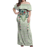 Sage Green Hawaiian Palaka Off Shoulder Maxi Dress Kukui Nut Money Lei - Polynesian Pride