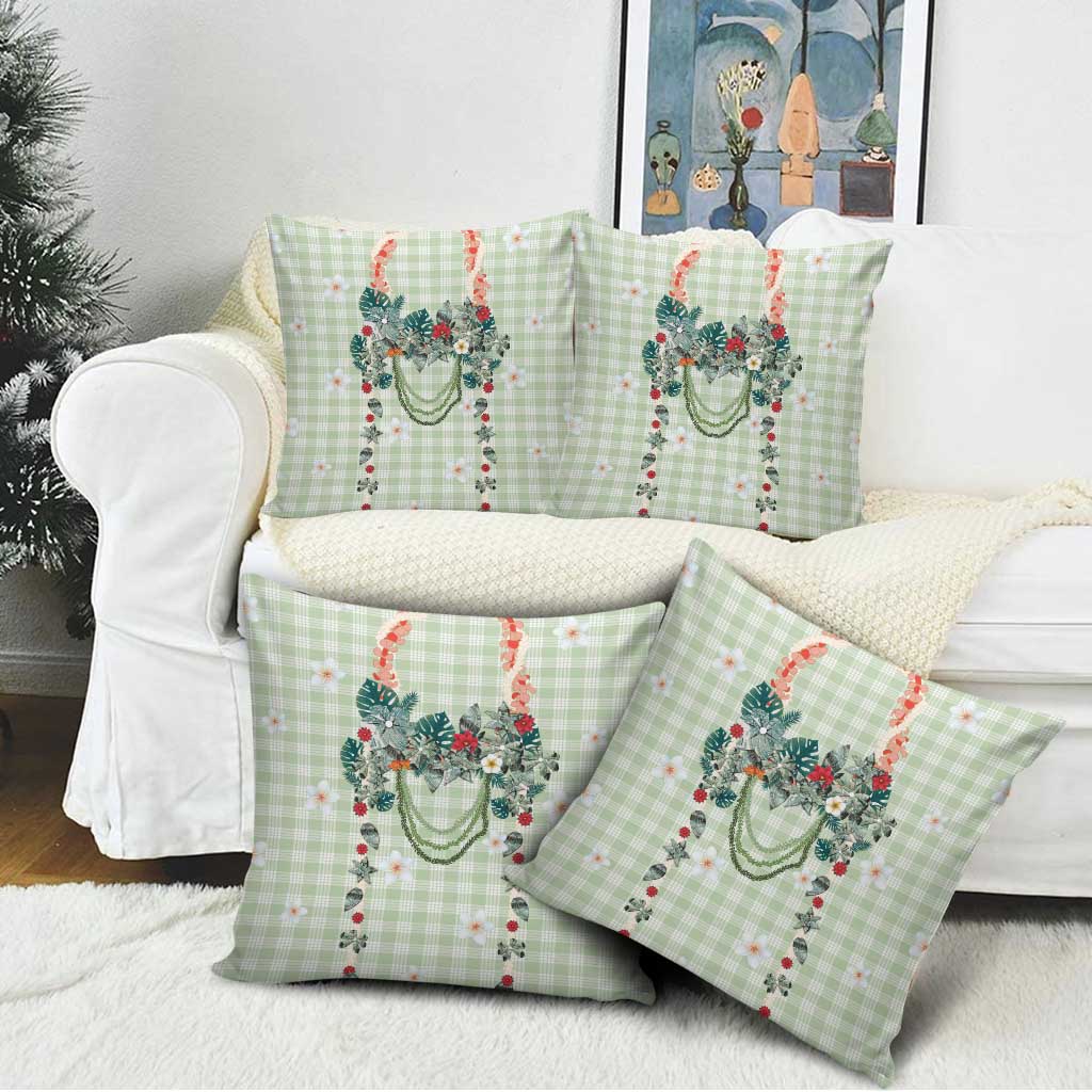 Sage Green Hawaiian Palaka Pillow Cover Kukui Nut Money Lei - Polynesian Pride