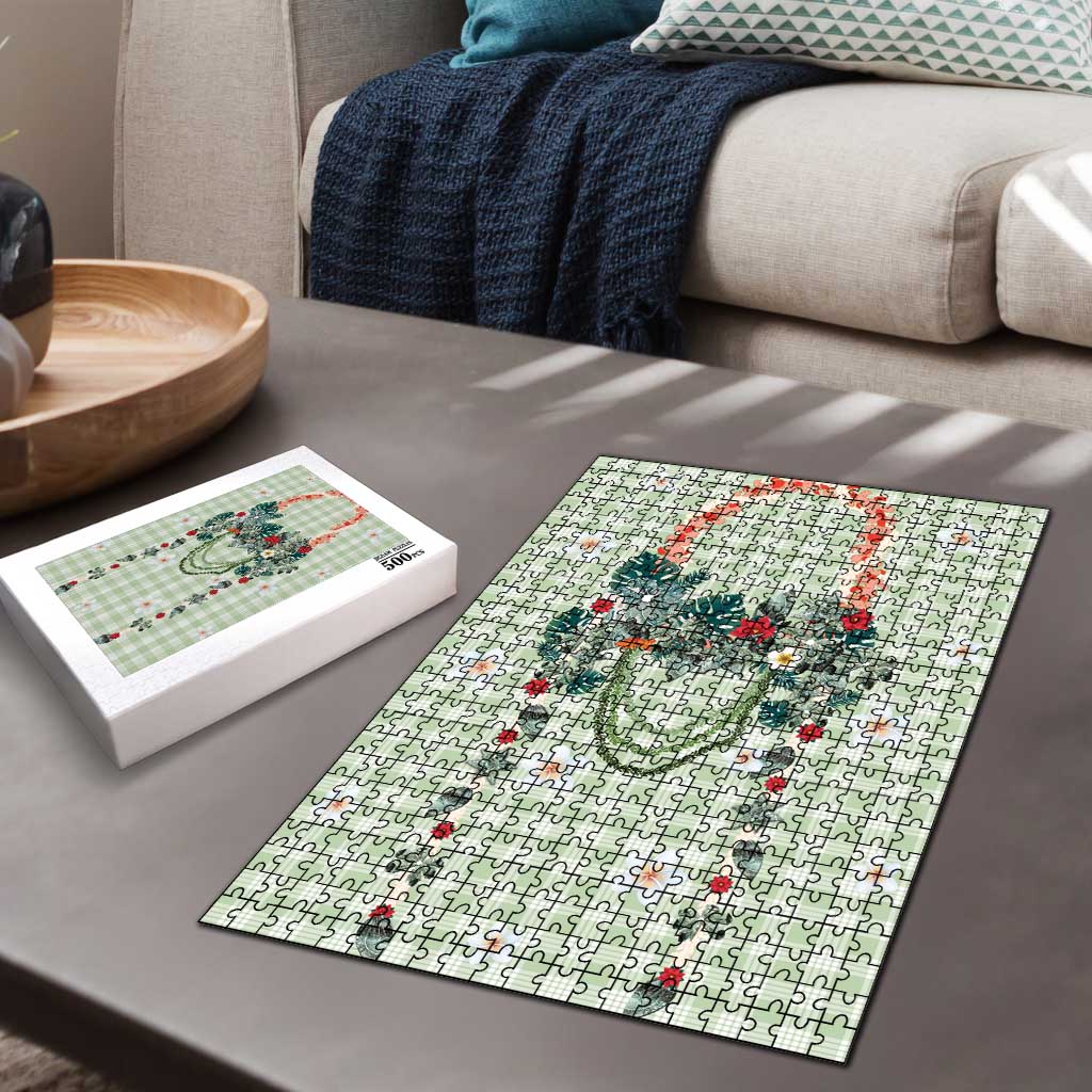 Sage Green Hawaiian Palaka Puzzle Kukui Nut Money Lei - Polynesian Pride