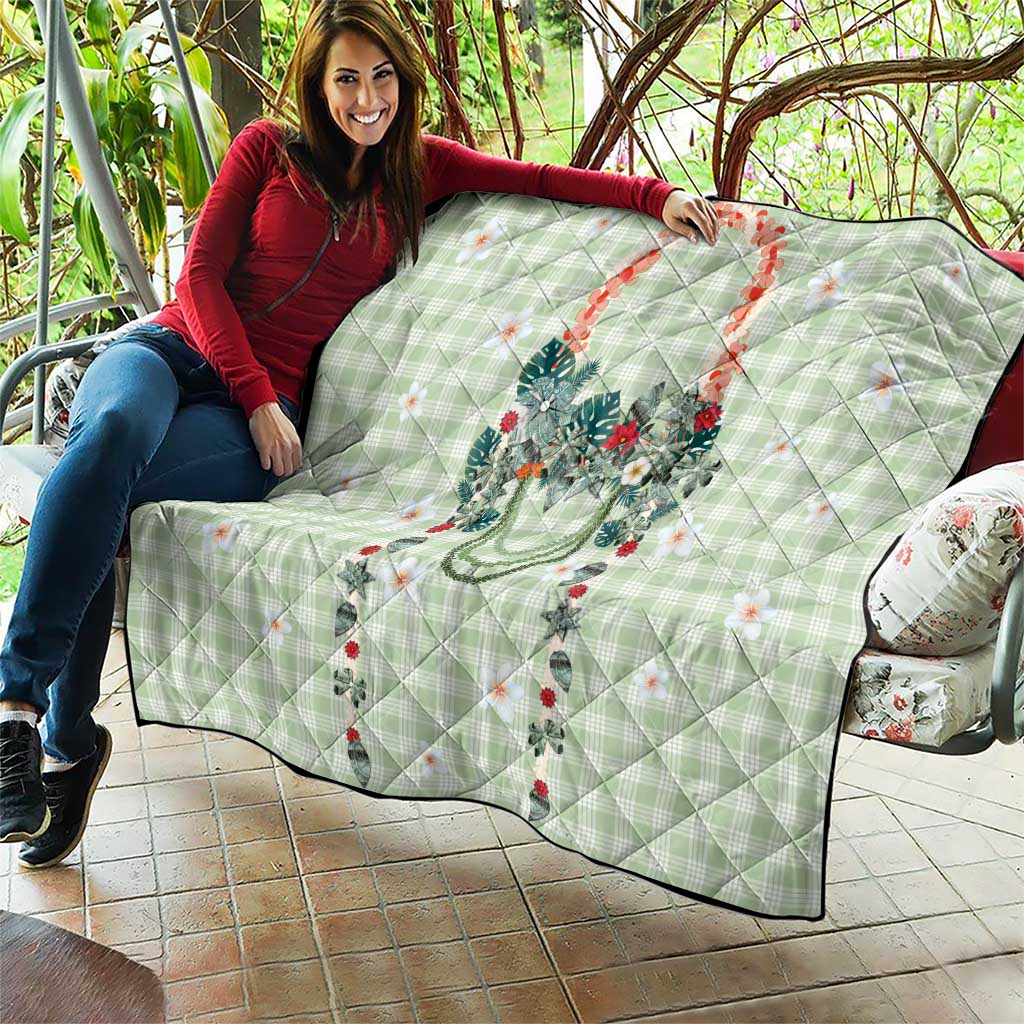 Sage Green Hawaiian Palaka Quilt Kukui Nut Money Lei - Polynesian Pride