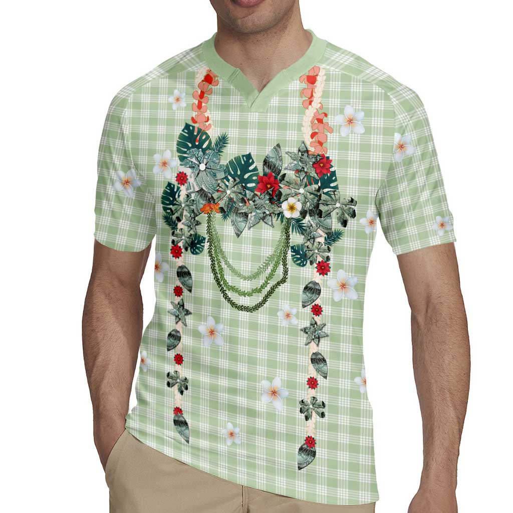 Sage Green Hawaiian Palaka Rugby Jersey Kukui Nut Money Lei - Polynesian Pride