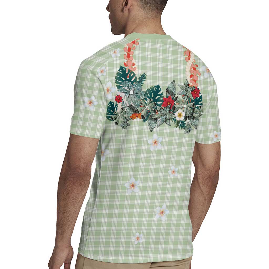 Sage Green Hawaiian Palaka Rugby Jersey Kukui Nut Money Lei - Polynesian Pride