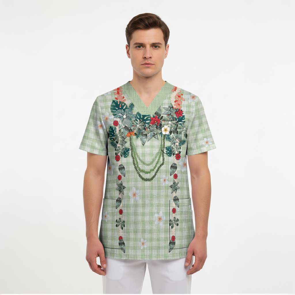 Sage Green Hawaiian Palaka Scrub Top Kukui Nut Money Lei - Polynesian Pride