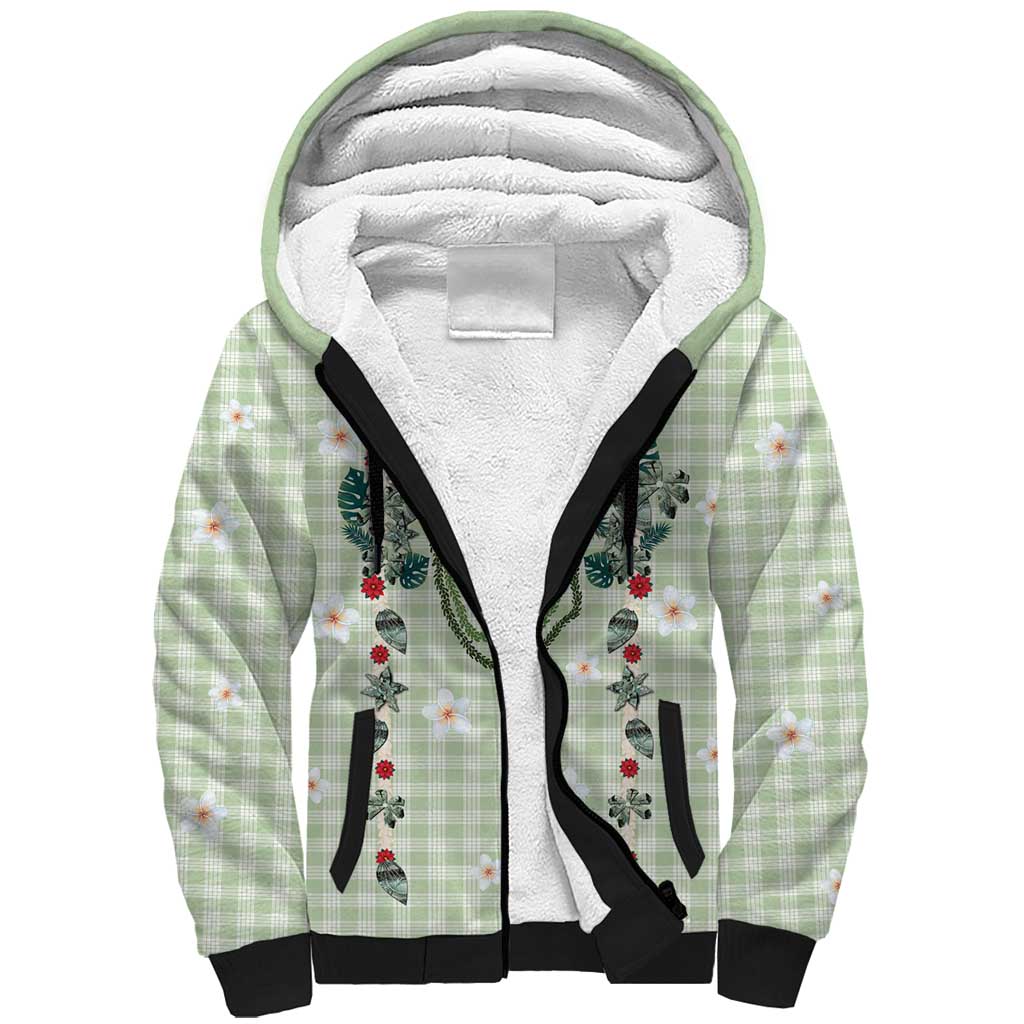 Sage Green Hawaiian Palaka Sherpa Hoodie Kukui Nut Money Lei - Polynesian Pride