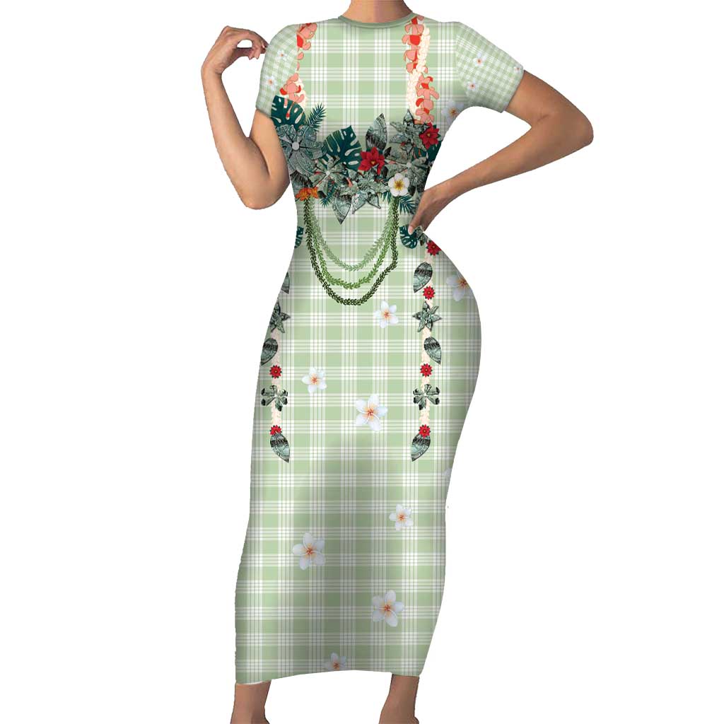Sage Green Hawaiian Palaka Short Sleeve Bodycon Dress Kukui Nut Money Lei - Polynesian Pride