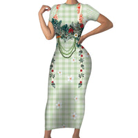 Sage Green Hawaiian Palaka Short Sleeve Bodycon Dress Kukui Nut Money Lei - Polynesian Pride