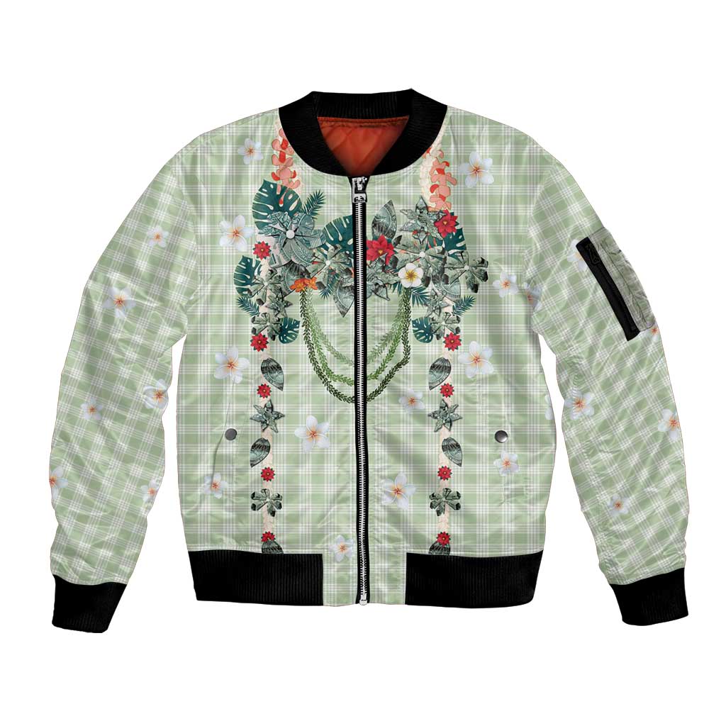 Sage Green Hawaiian Palaka Sleeve Zip Bomber Jacket Kukui Nut Money Lei LT9 Unisex Green - Polynesian Pride