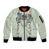 Sage Green Hawaiian Palaka Sleeve Zip Bomber Jacket Kukui Nut Money Lei LT9 Unisex Green - Polynesian Pride