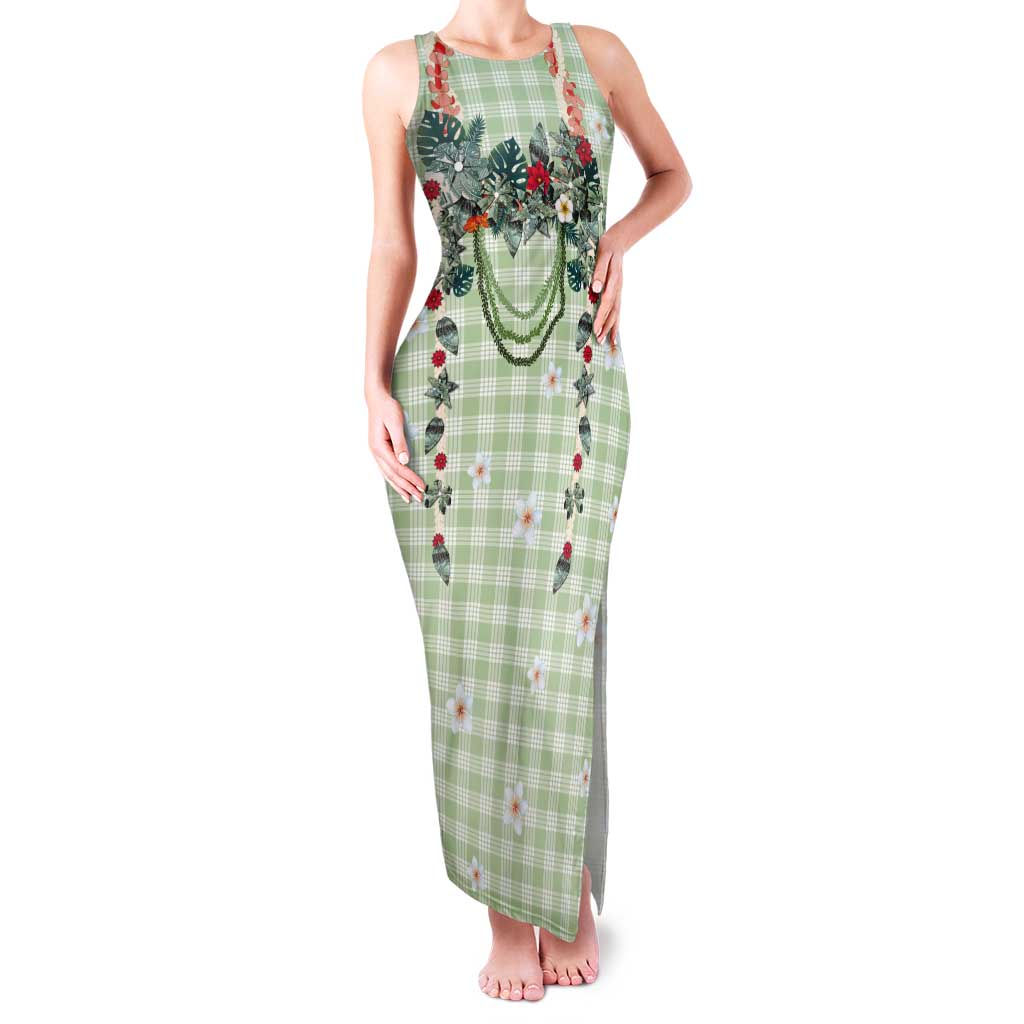 Sage Green Hawaiian Palaka Tank Maxi Dress Kukui Nut Money Lei - Polynesian Pride