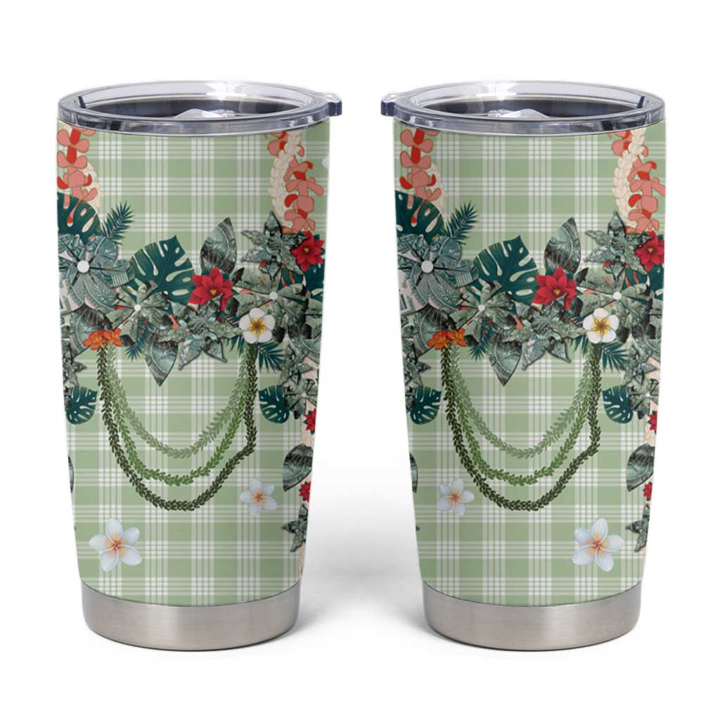 Sage Green Hawaiian Palaka Tumbler Cup Kukui Nut Money Lei - Polynesian Pride