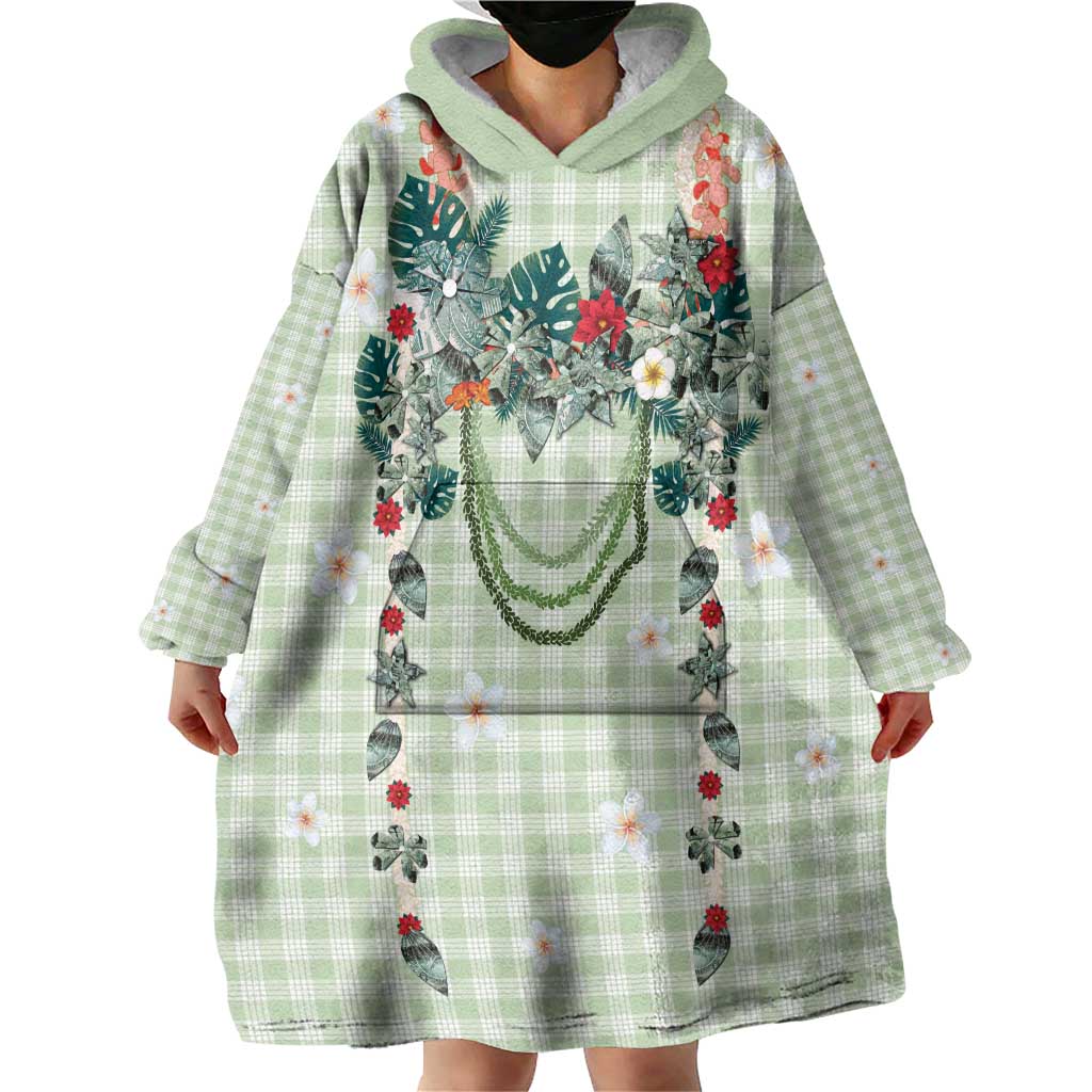Sage Green Hawaiian Palaka Wearable Blanket Hoodie Kukui Nut Money Lei - Polynesian Pride