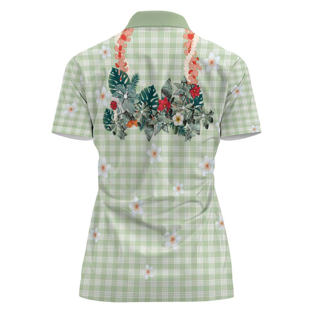 Sage Green Hawaiian Palaka Women Polo Shirt Kukui Nut Money Lei - Polynesian Pride