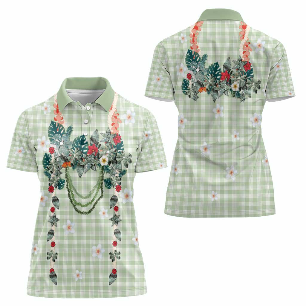 Sage Green Hawaiian Palaka Women Polo Shirt Kukui Nut Money Lei - Polynesian Pride