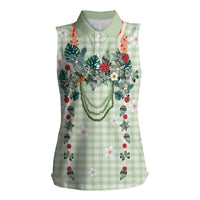 Sage Green Hawaiian Palaka Women Sleeveless Polo Shirt Kukui Nut Money Lei - Polynesian Pride