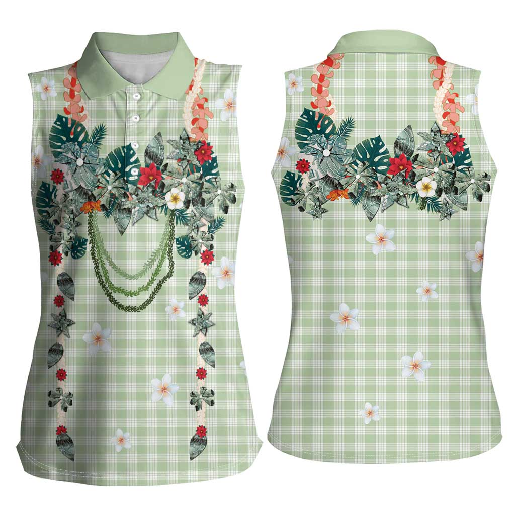 Sage Green Hawaiian Palaka Women Sleeveless Polo Shirt Kukui Nut Money Lei - Polynesian Pride