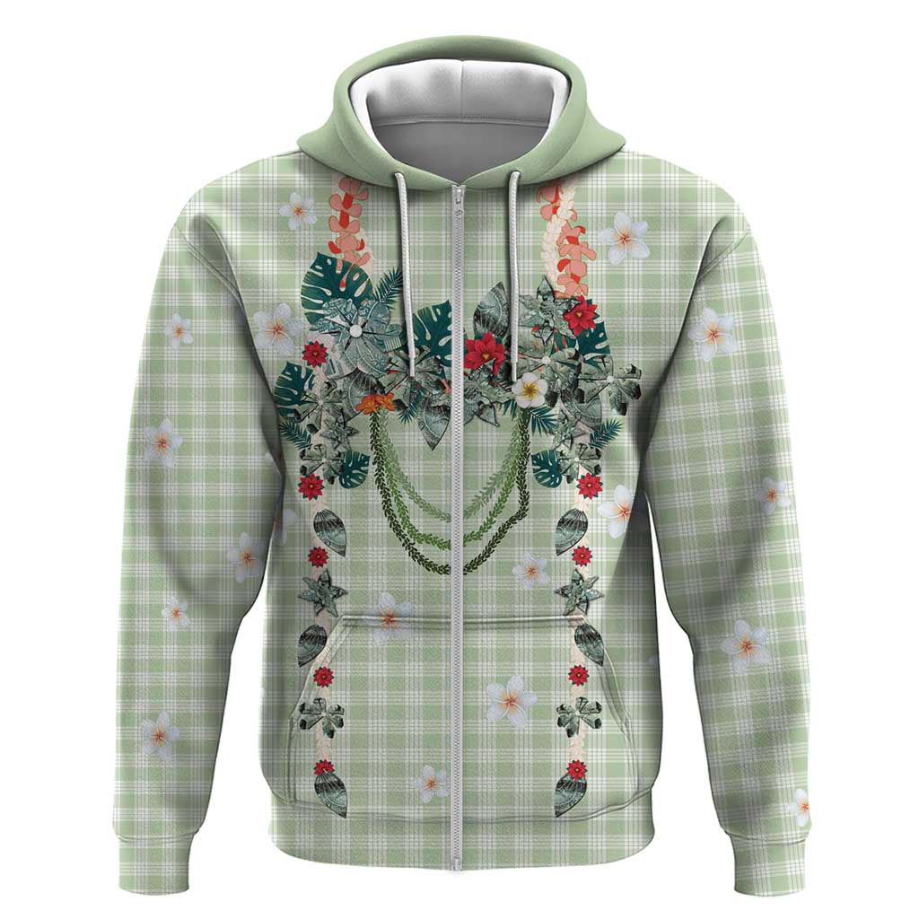 Sage Green Hawaiian Palaka Zip Hoodie Kukui Nut Money Lei - Polynesian Pride