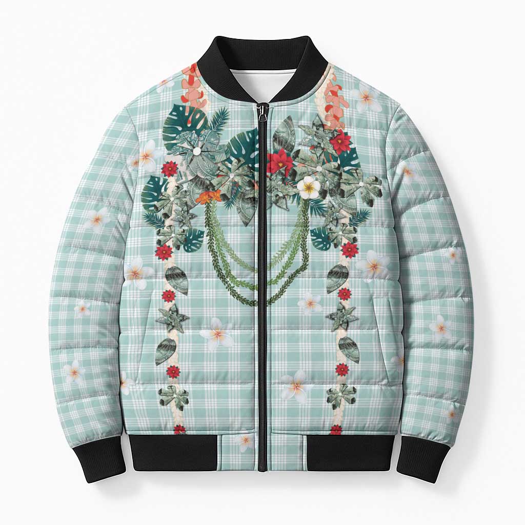 Turquoise Hawaiian Palaka Bomber Puffer Jacket Kukui Nut Money Lei - Polynesian Pride