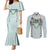 Turquoise Hawaiian Palaka Couples Matching Mermaid Dress and Long Sleeve Button Shirt Kukui Nut Money Lei - Polynesian Pride