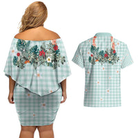 Turquoise Hawaiian Palaka Couples Matching Off Shoulder Short Dress and Hawaiian Shirt Kukui Nut Money Lei - Polynesian Pride