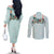 Turquoise Hawaiian Palaka Couples Matching Off The Shoulder Long Sleeve Dress and Long Sleeve Button Shirt Kukui Nut Money Lei - Polynesian Pride